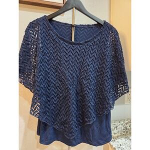 Vintage Ashley Blue Navy Crochet Lace Chevron Layered Poncho Top Size Large 2216